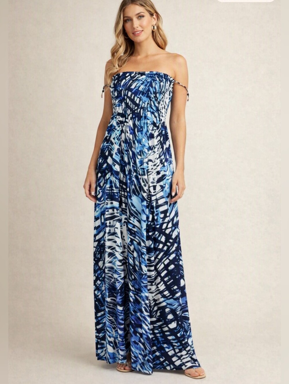 Blue Tropical Leaf Strapless Maxi Dress – Sizes Medium & Large